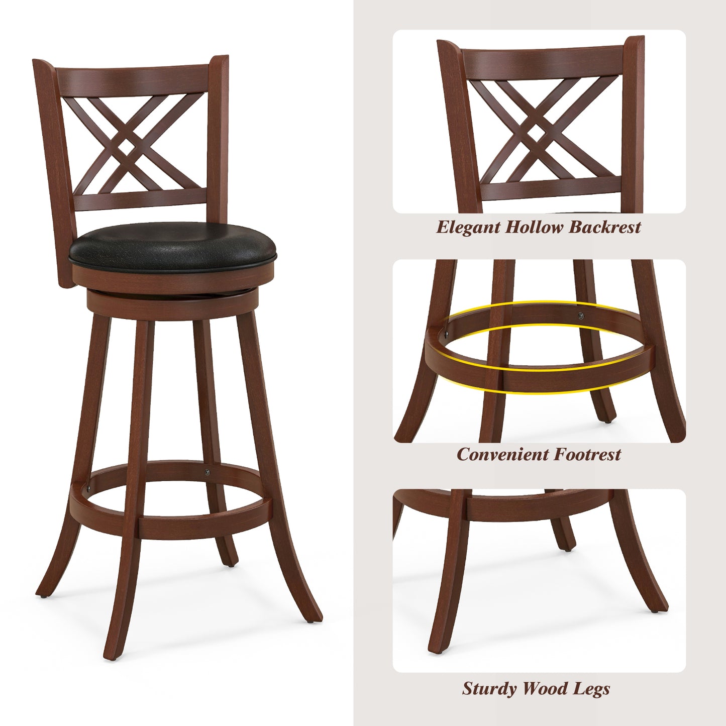 Upholstered Swivel Barstools with Backrest and Footrest, Set of 2 - 29 Inches