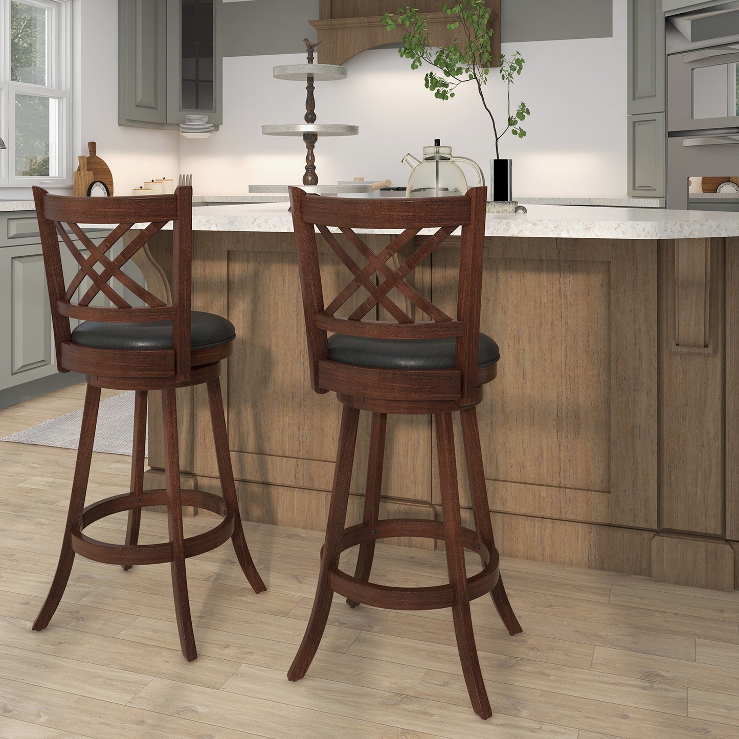 Upholstered Swivel Barstools with Backrest and Footrest, Set of 2 - 29 Inches