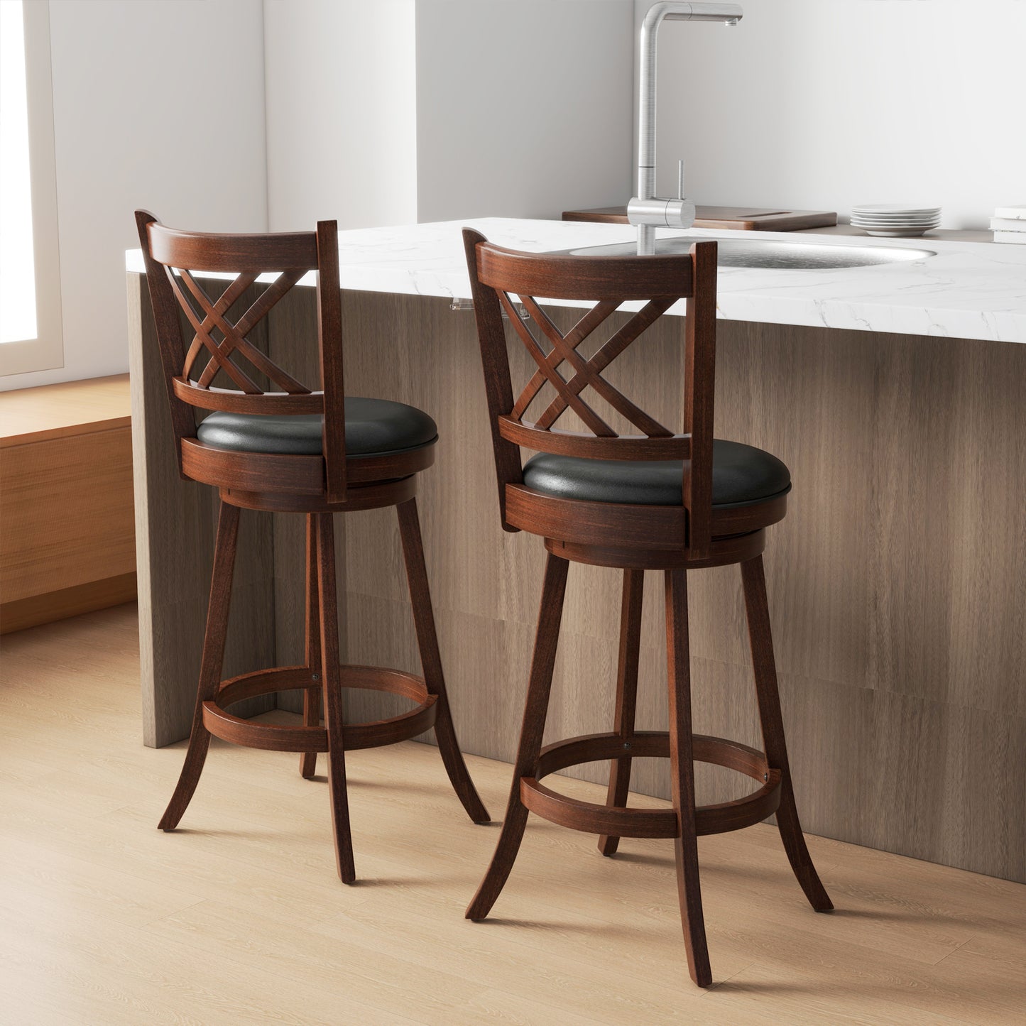 Upholstered Swivel Barstools with Backrest and Footrest, Set of 2 - 29 Inches