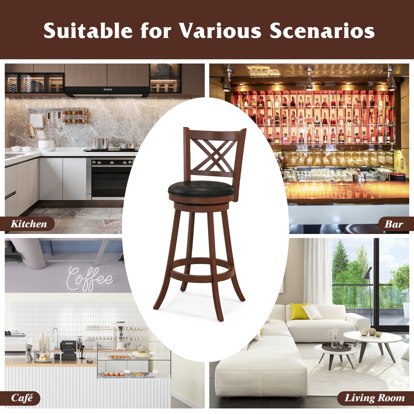 Upholstered Swivel Barstools with Backrest and Footrest, Set of 2 - 29 Inches