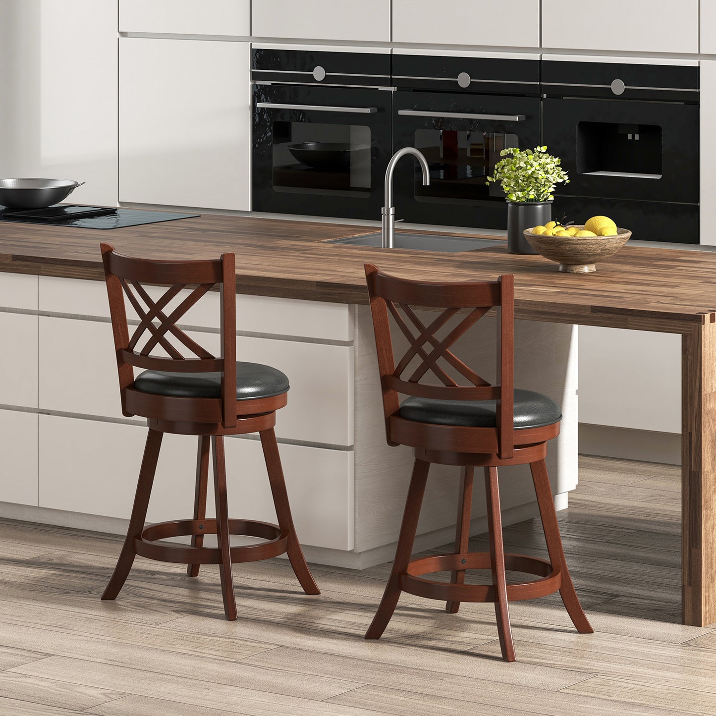 Upholstered Swivel Barstools with Backrest and Footrest, Set of 2 - 24 Inches