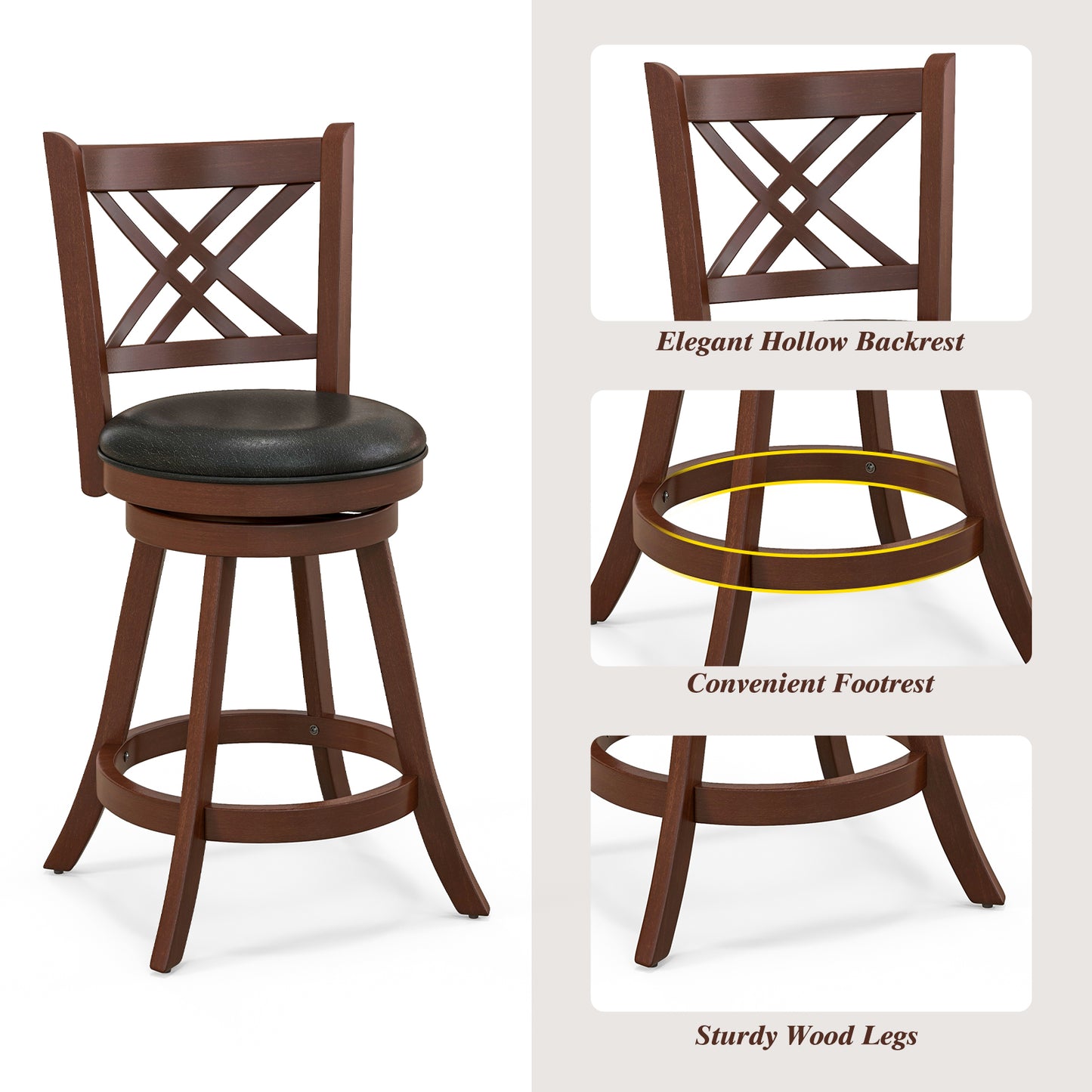 Upholstered Swivel Barstools with Backrest and Footrest, Set of 2 - 24 Inches