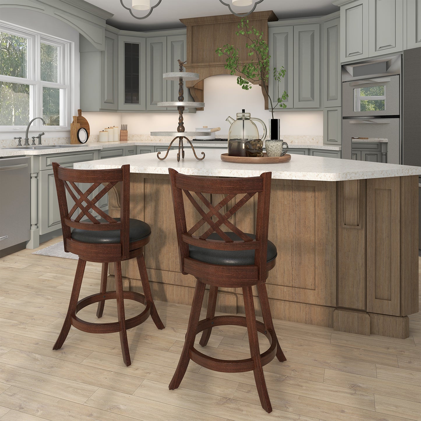 Upholstered Swivel Barstools with Backrest and Footrest, Set of 2 - 24 Inches
