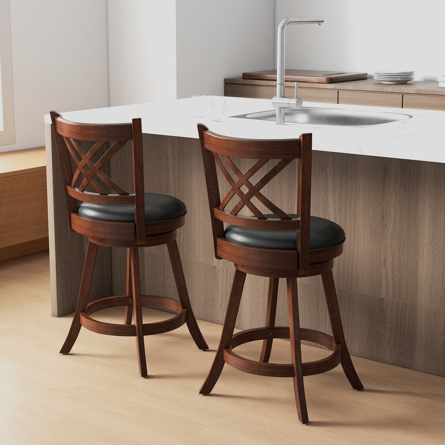 Upholstered Swivel Barstools with Backrest and Footrest, Set of 2 - 24 Inches