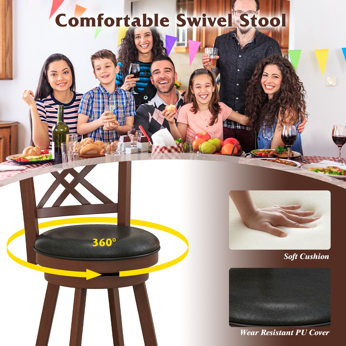 Upholstered Swivel Barstools with Backrest and Footrest, Set of 2 - 24 Inches