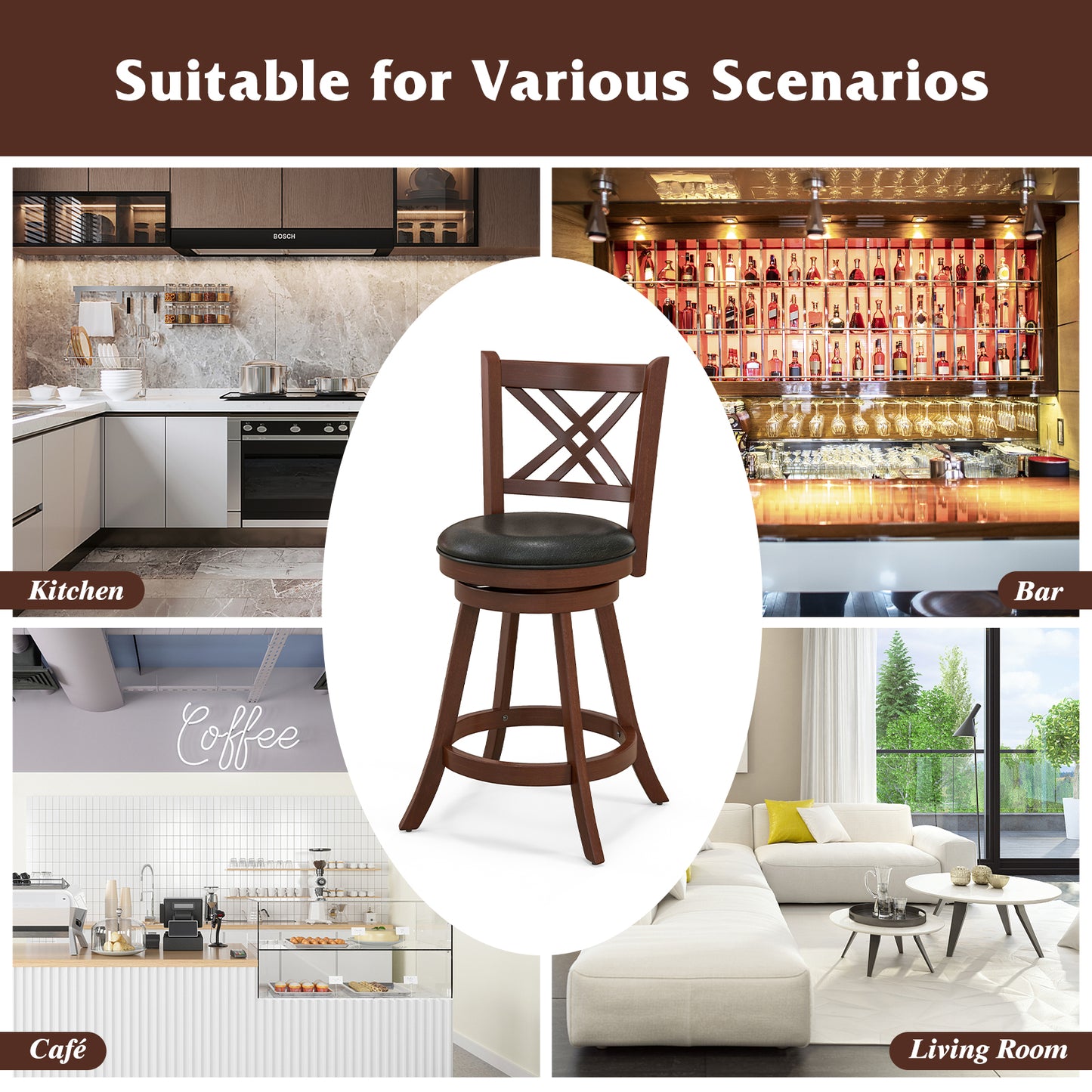 Upholstered Swivel Barstools with Backrest and Footrest, Set of 2 - 24 Inches