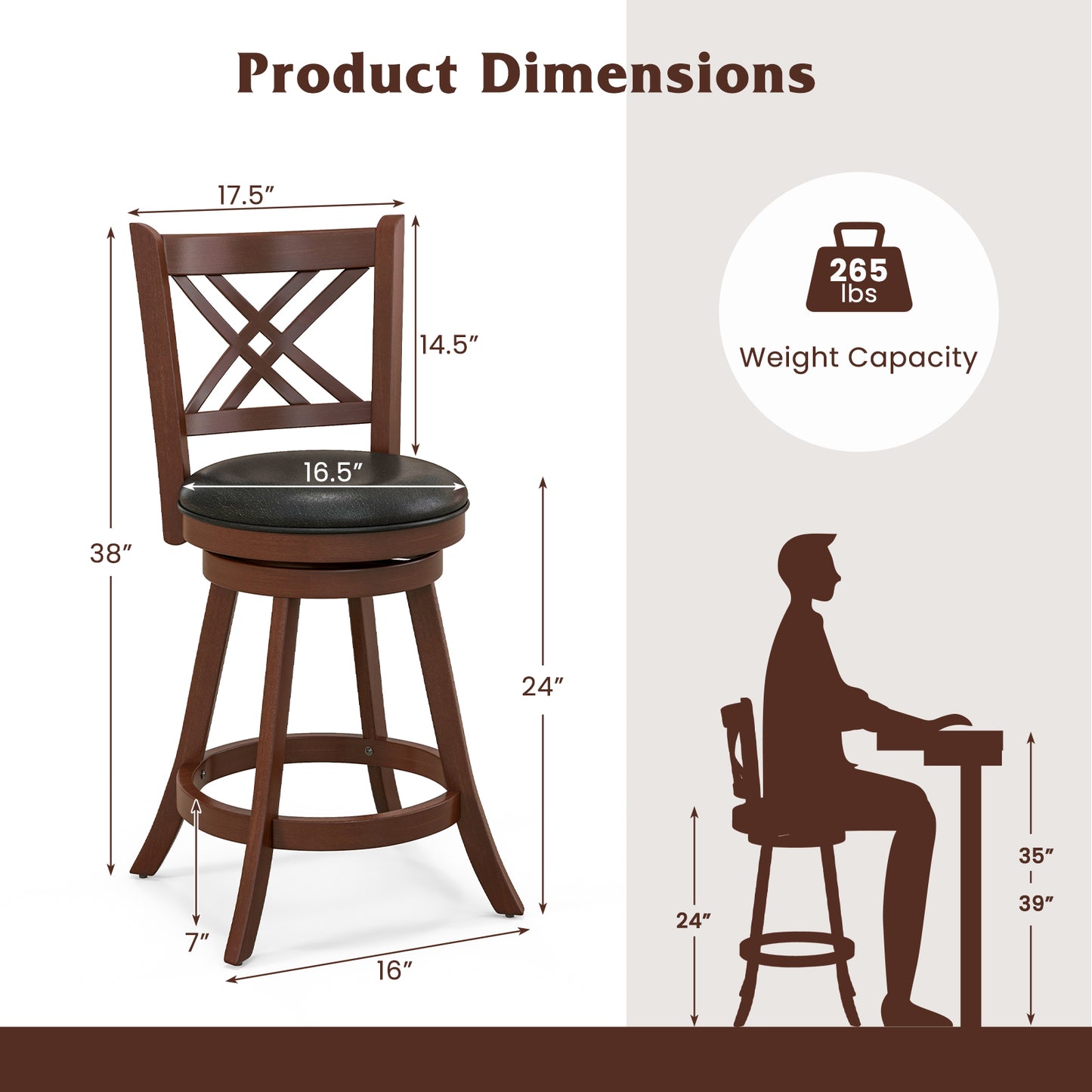 Upholstered Swivel Barstools with Backrest and Footrest, Set of 2 - 24 Inches