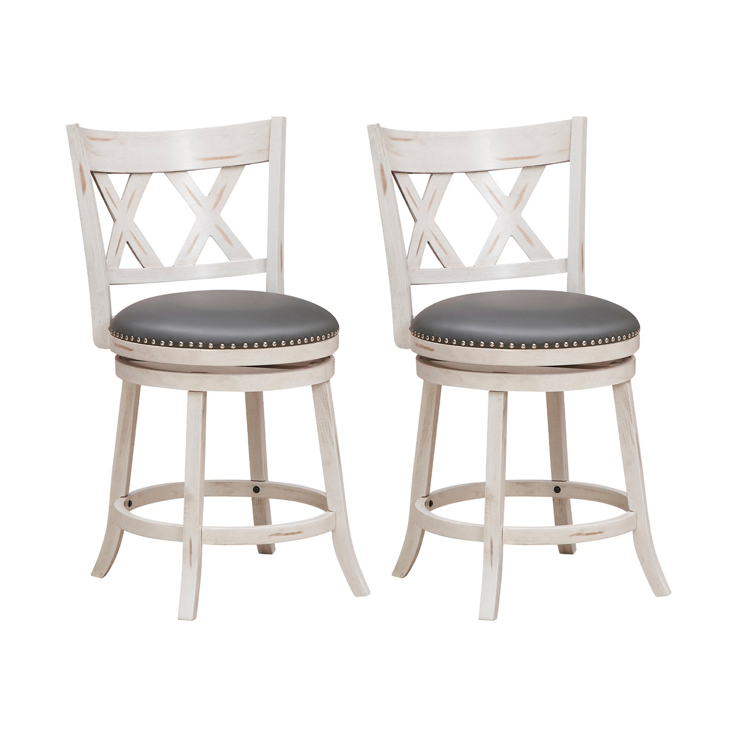 Set of 2 Hand Antiqued Swivel Bar Stools with Wide Cushioned Seat, 25.5 Inches
