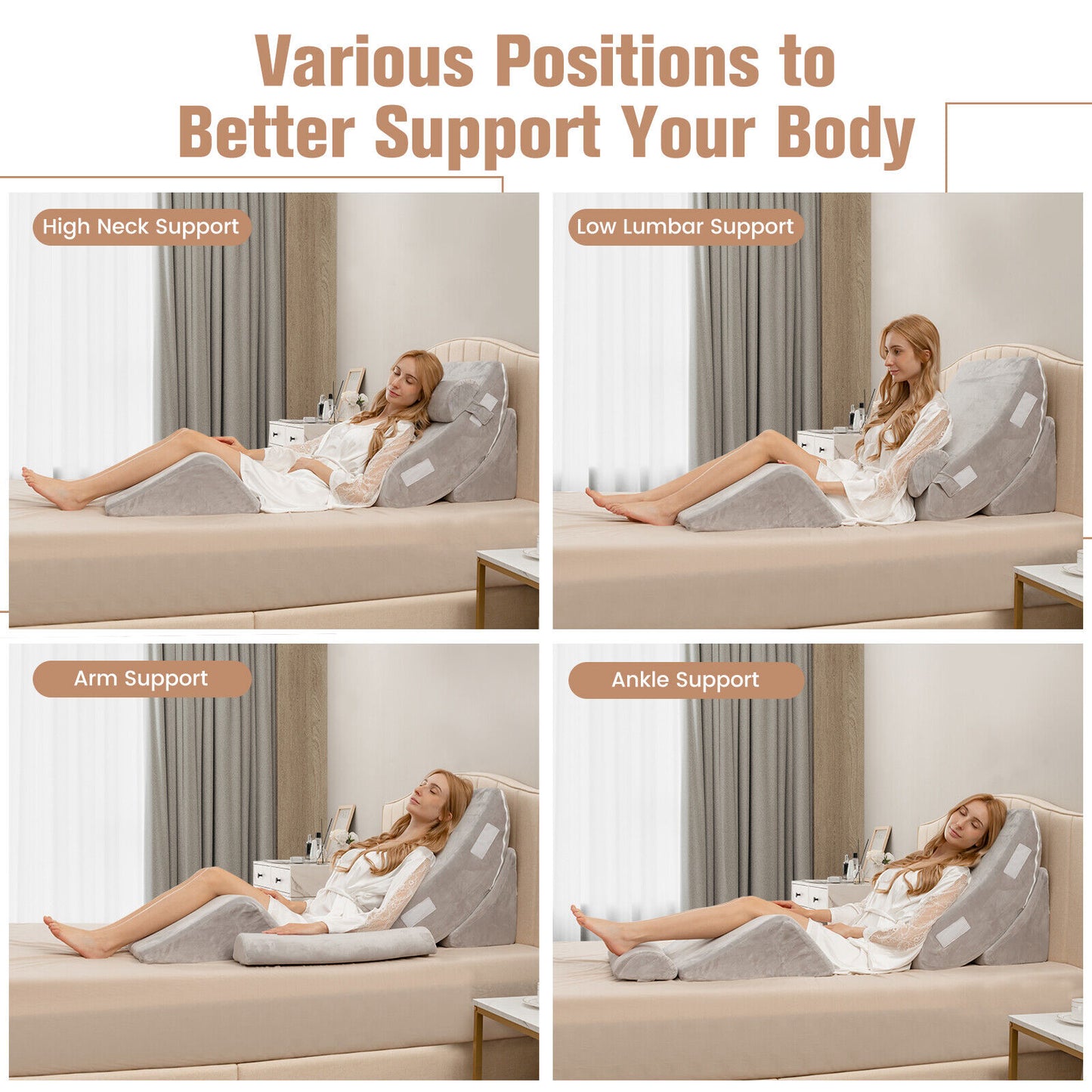 4 Piece Memory Foam Wedge Pillow Set for Back, Neck, and Leg Pain Relief