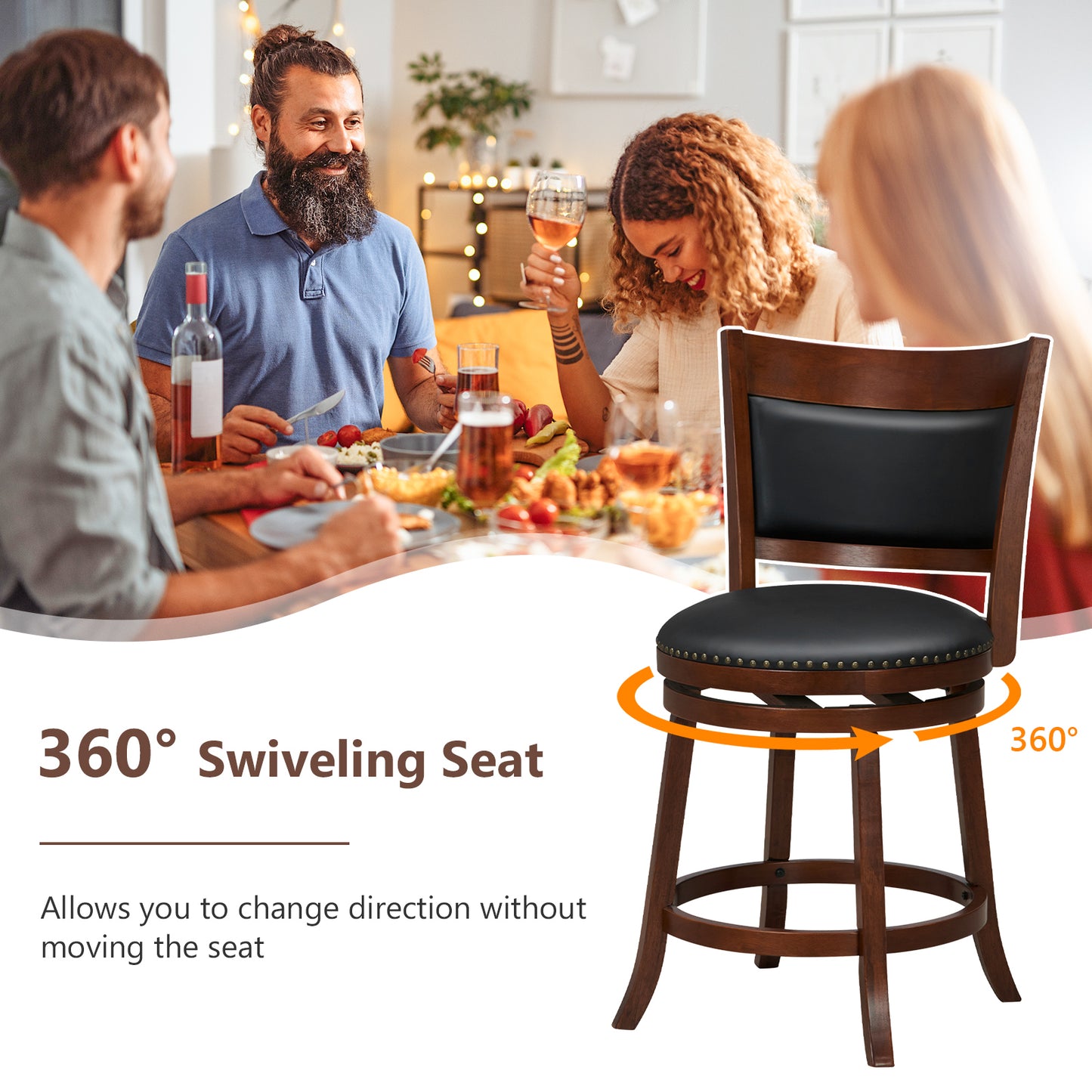 Set of 2 Swivel Bar Stools with 20" Wide Cushioned Seat and Curved Backrest