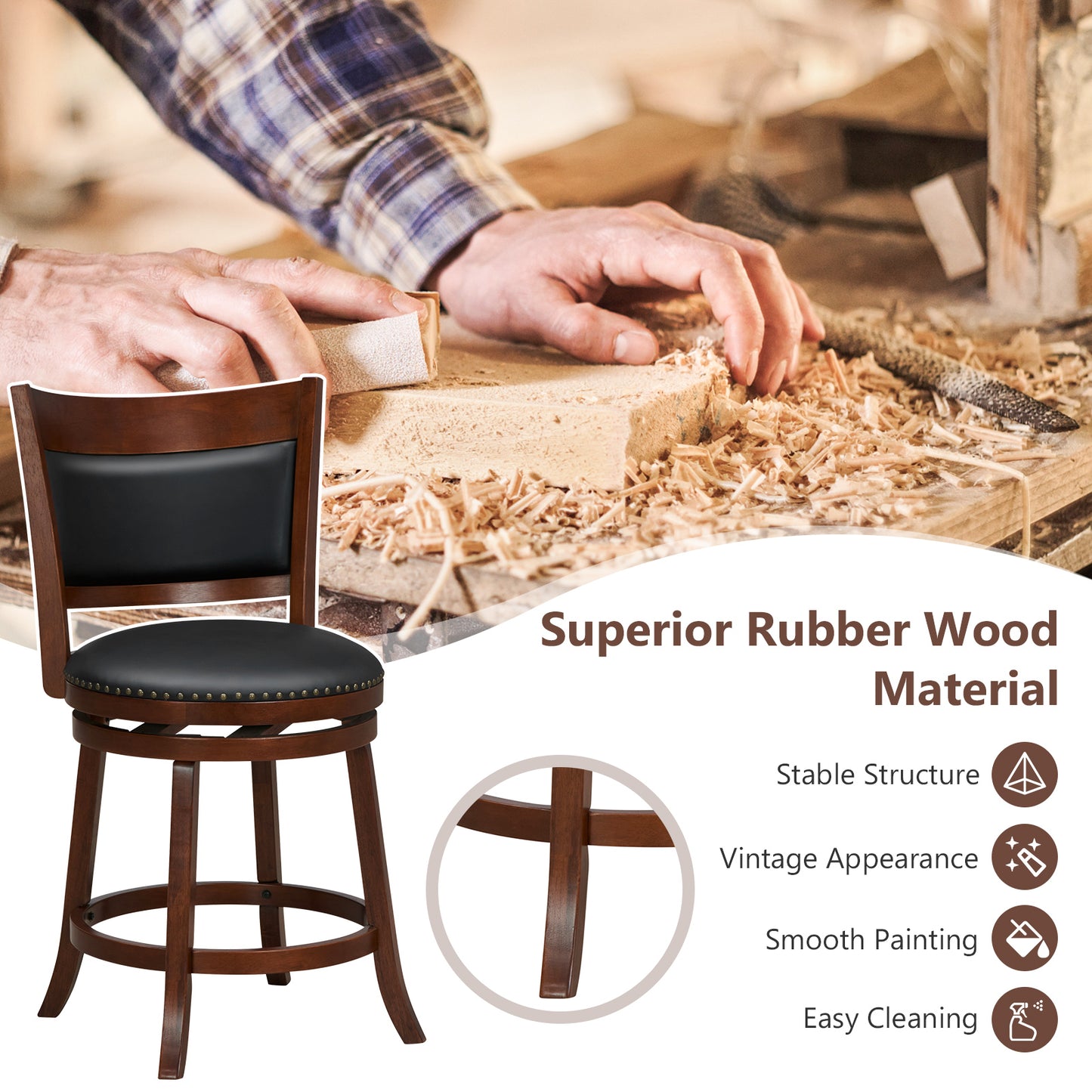 Set of 2 Swivel Bar Stools with 20" Wide Cushioned Seat and Curved Backrest