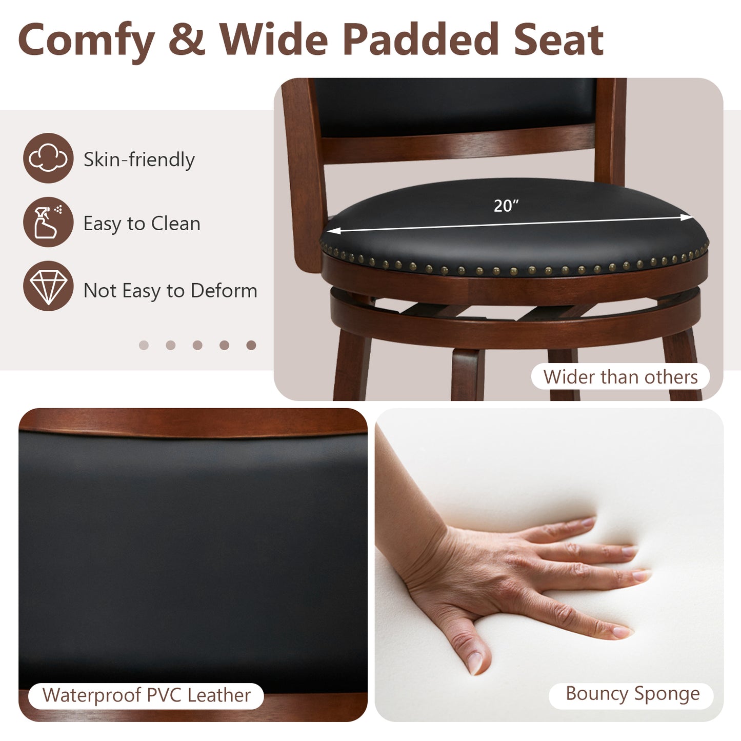Set of 2 Swivel Bar Stools with 20" Wide Cushioned Seat and Curved Backrest