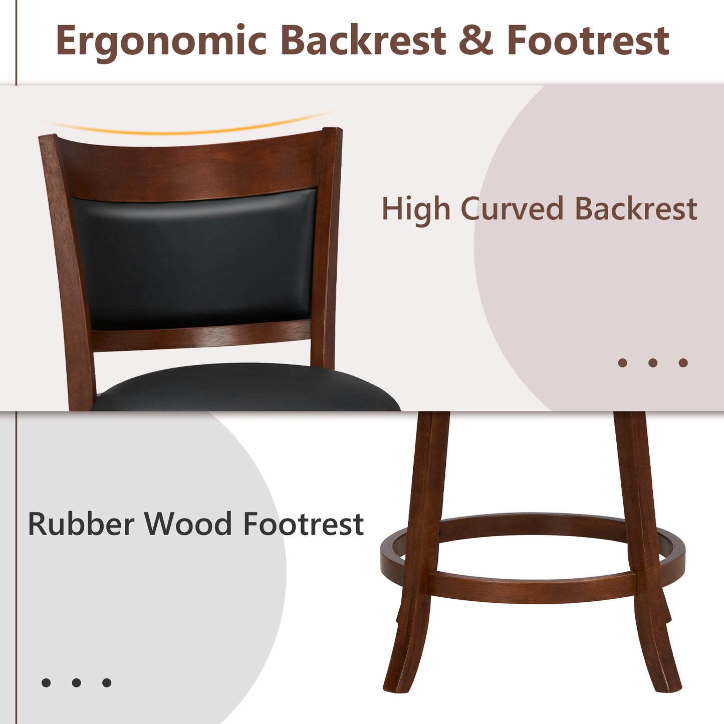Set of 2 Swivel Bar Stools with 20" Wide Cushioned Seat and Curved Backrest
