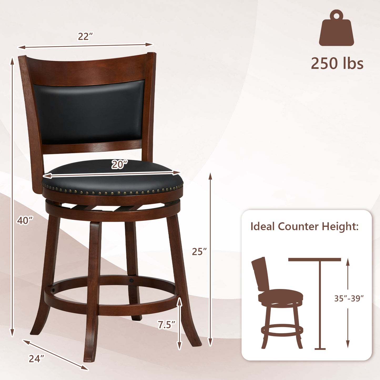 Set of 2 Swivel Bar Stools with 20" Wide Cushioned Seat and Curved Backrest