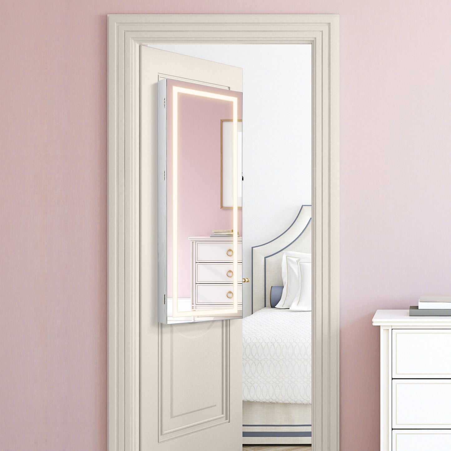 42.5 Inch Lockable Jewelry Wall Cabinet with Full-Length Mirror, 3-Color LED Lights – White