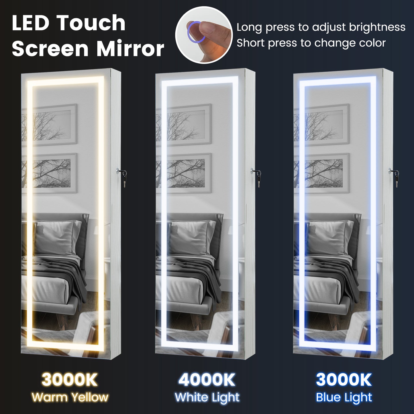 42.5 Inch Lockable Jewelry Wall Cabinet with Full-Length Mirror, 3-Color LED Lights – White