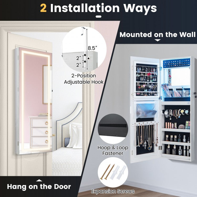 42.5 Inch Lockable Jewelry Wall Cabinet with Full-Length Mirror, 3-Color LED Lights – White