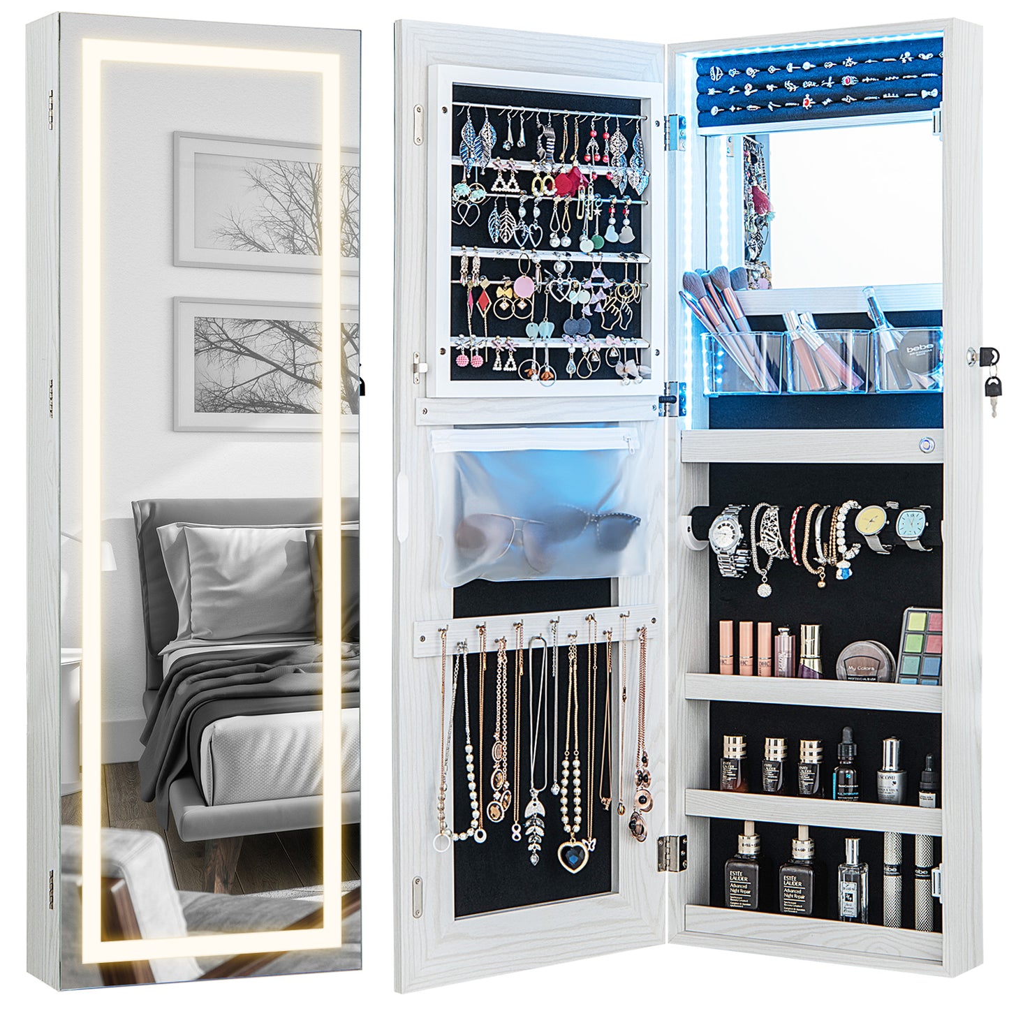 42.5 Inch Lockable Jewelry Wall Cabinet with Full-Length Mirror, 3-Color LED Lights – White