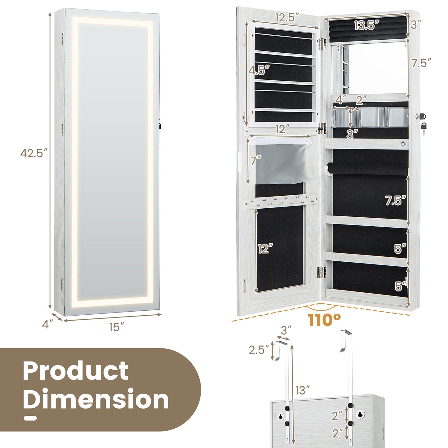 42.5 Inch Lockable Jewelry Wall Cabinet with Full-Length Mirror, 3-Color LED Lights – White