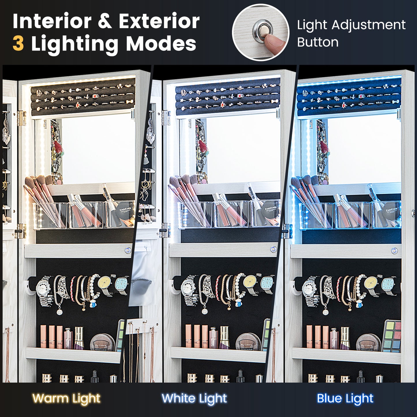 42.5 Inch Lockable Jewelry Wall Cabinet with Full-Length Mirror, 3-Color LED Lights – White