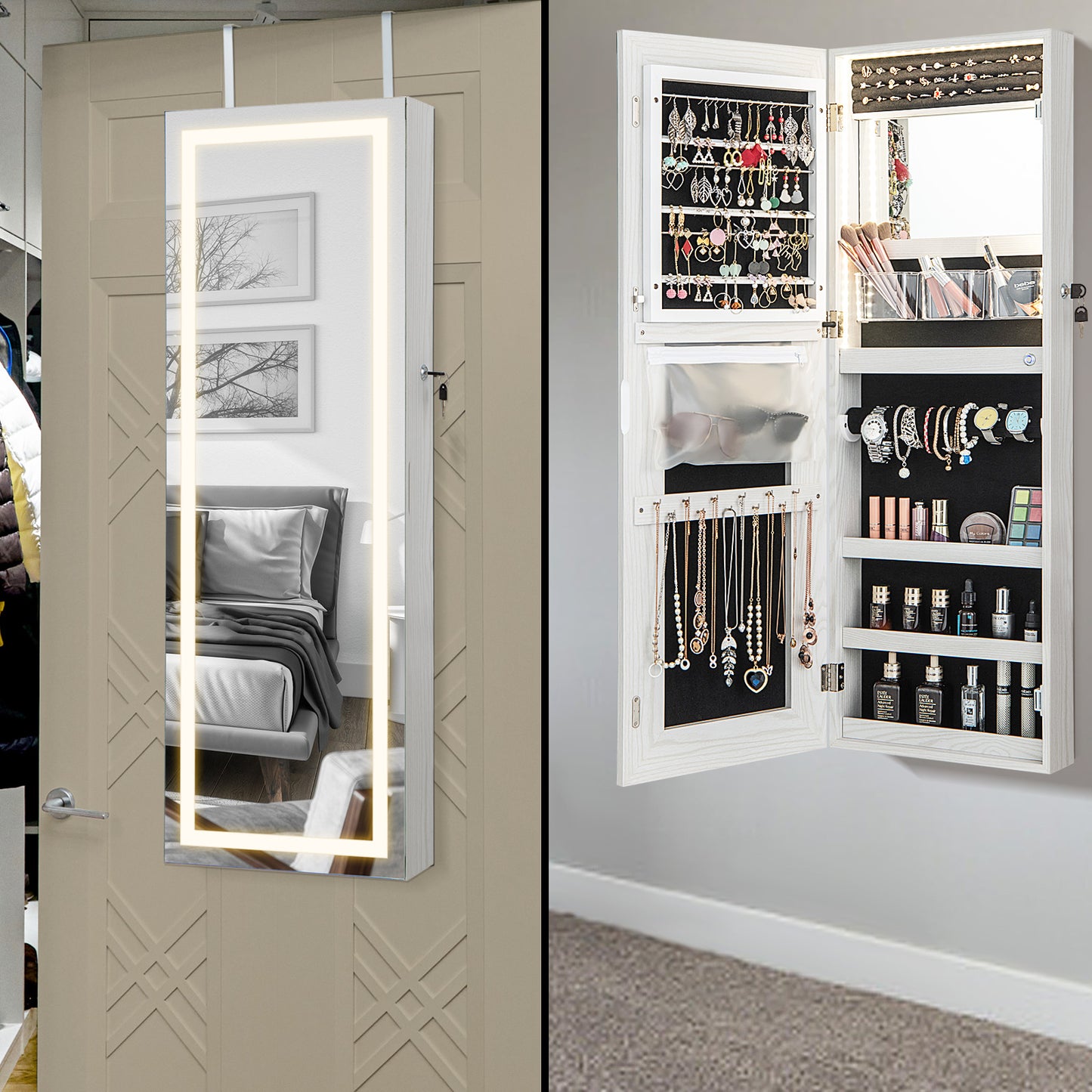 42.5 Inch Lockable Jewelry Wall Cabinet with Full-Length Mirror, 3-Color LED Lights – White