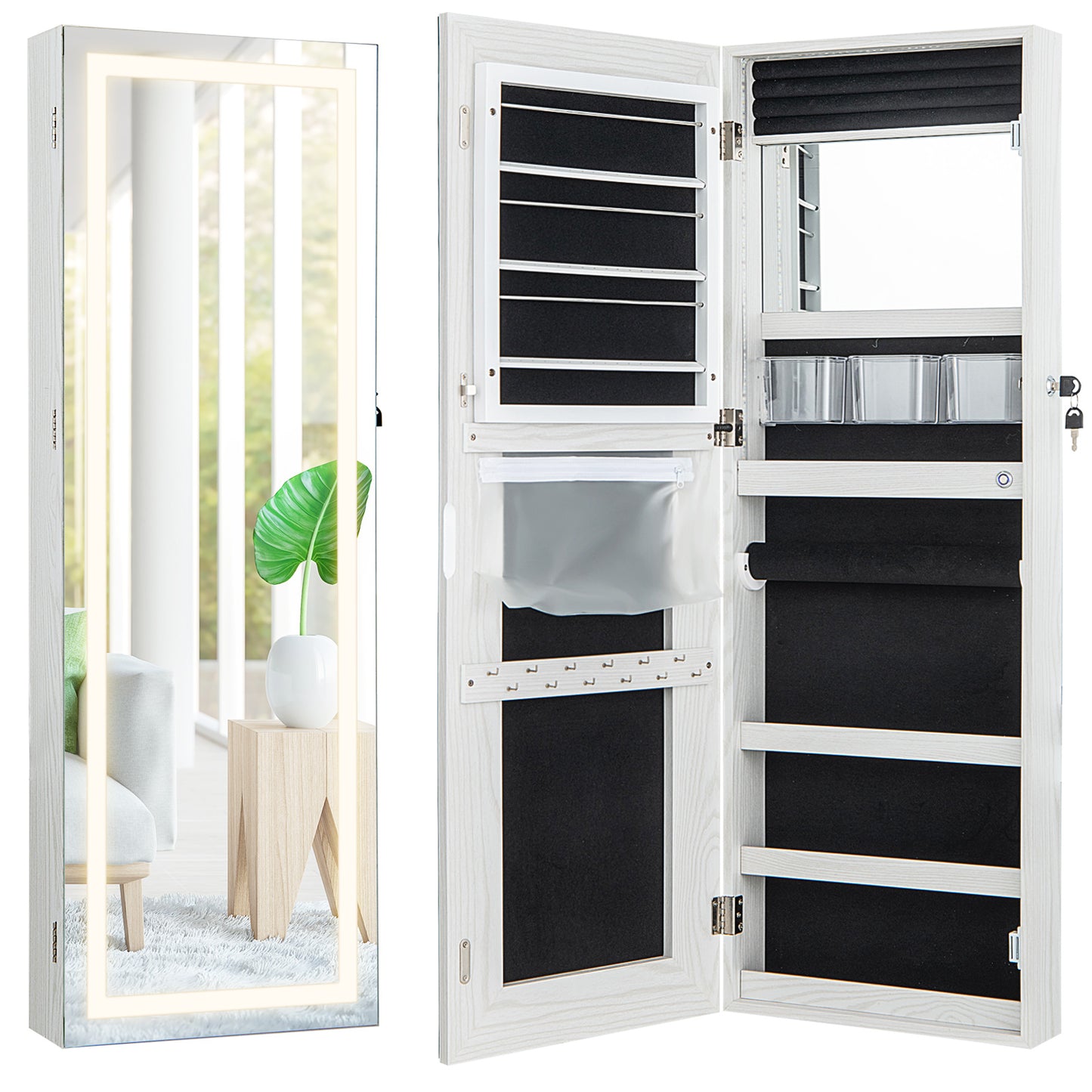 42.5 Inch Lockable Jewelry Wall Cabinet with Full-Length Mirror, 3-Color LED Lights – White