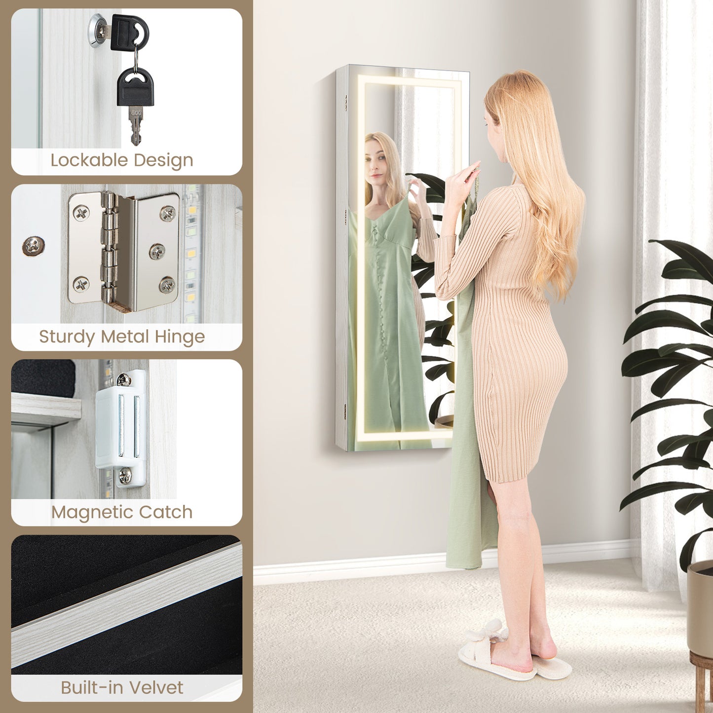 42.5 Inch Lockable Jewelry Wall Cabinet with Full-Length Mirror, 3-Color LED Lights – White