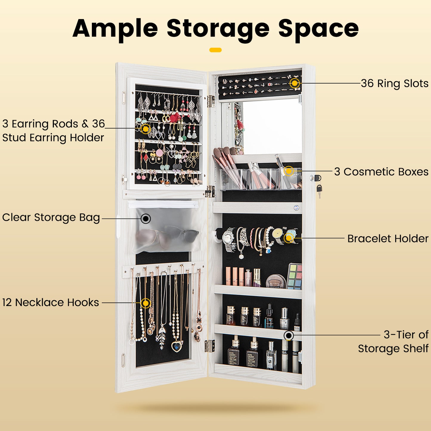 42.5 Inch Lockable Jewelry Wall Cabinet with Full-Length Mirror, 3-Color LED Lights – White