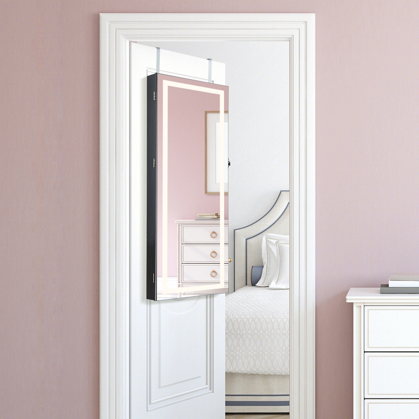42.5 Inch Lockable Jewelry Wall Cabinet with Full-Length Mirror, 3-Color LED Lights – Black