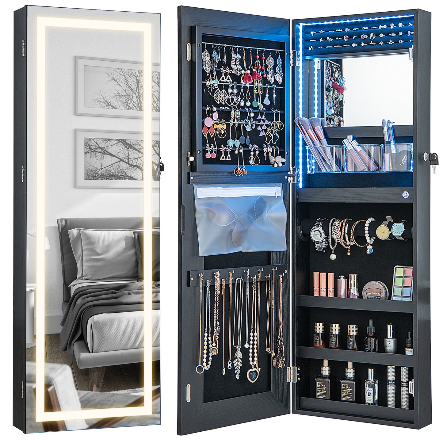 42.5 Inch Lockable Jewelry Wall Cabinet with Full-Length Mirror, 3-Color LED Lights – Black
