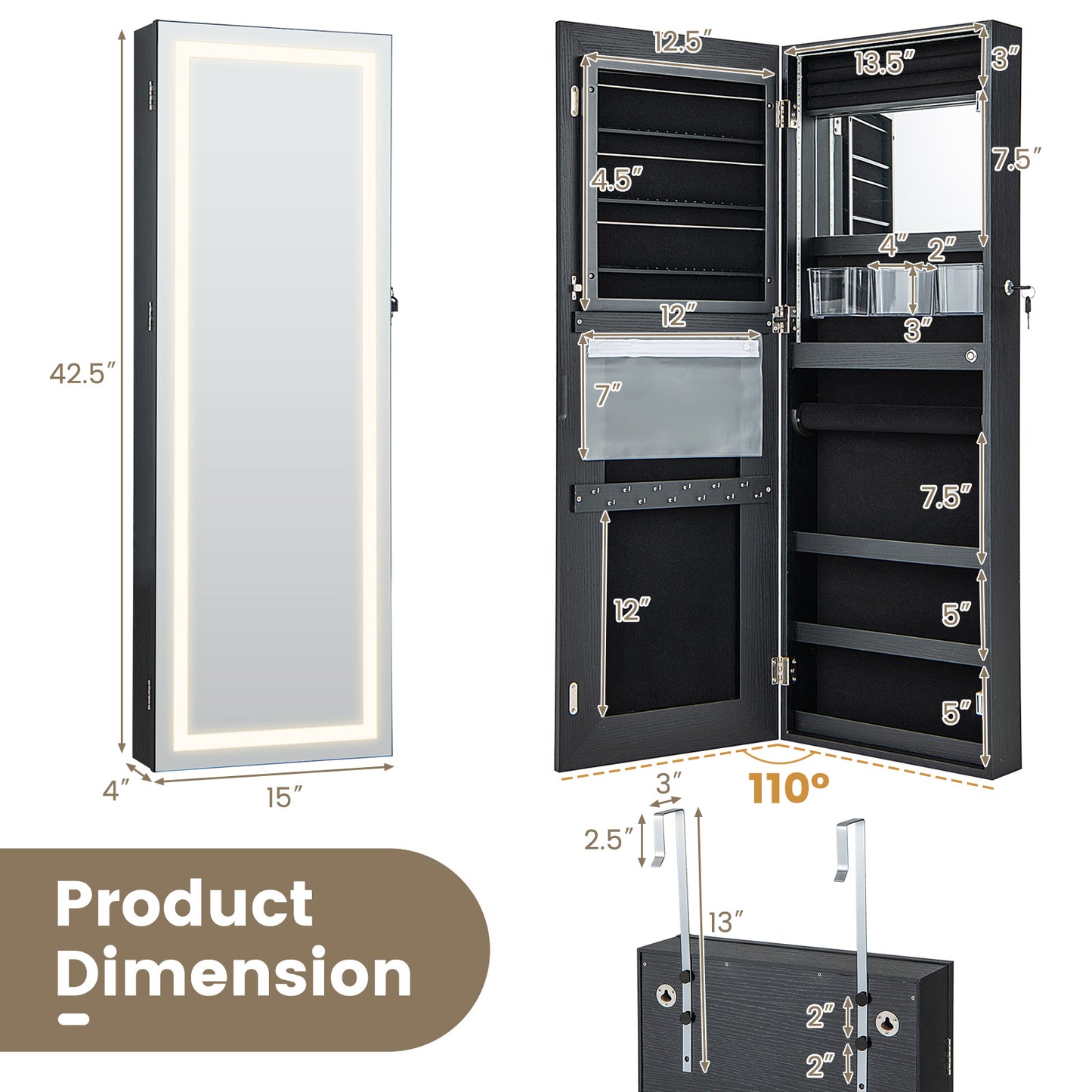 42.5 Inch Lockable Jewelry Wall Cabinet with Full-Length Mirror, 3-Color LED Lights – Black