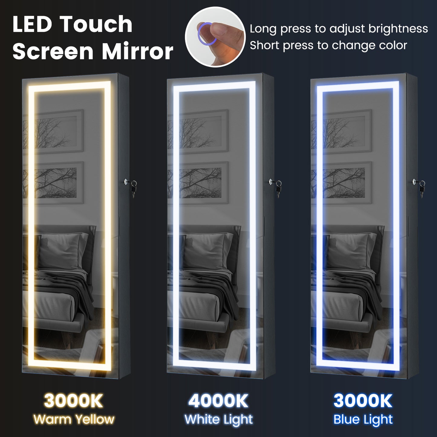 42.5 Inch Lockable Jewelry Wall Cabinet with Full-Length Mirror, 3-Color LED Lights – Black