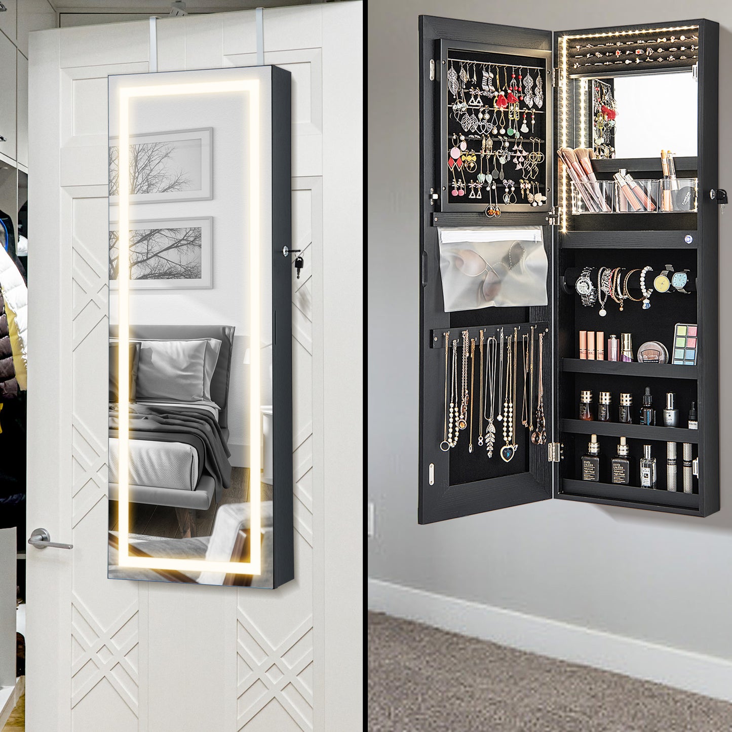 42.5 Inch Lockable Jewelry Wall Cabinet with Full-Length Mirror, 3-Color LED Lights – Black
