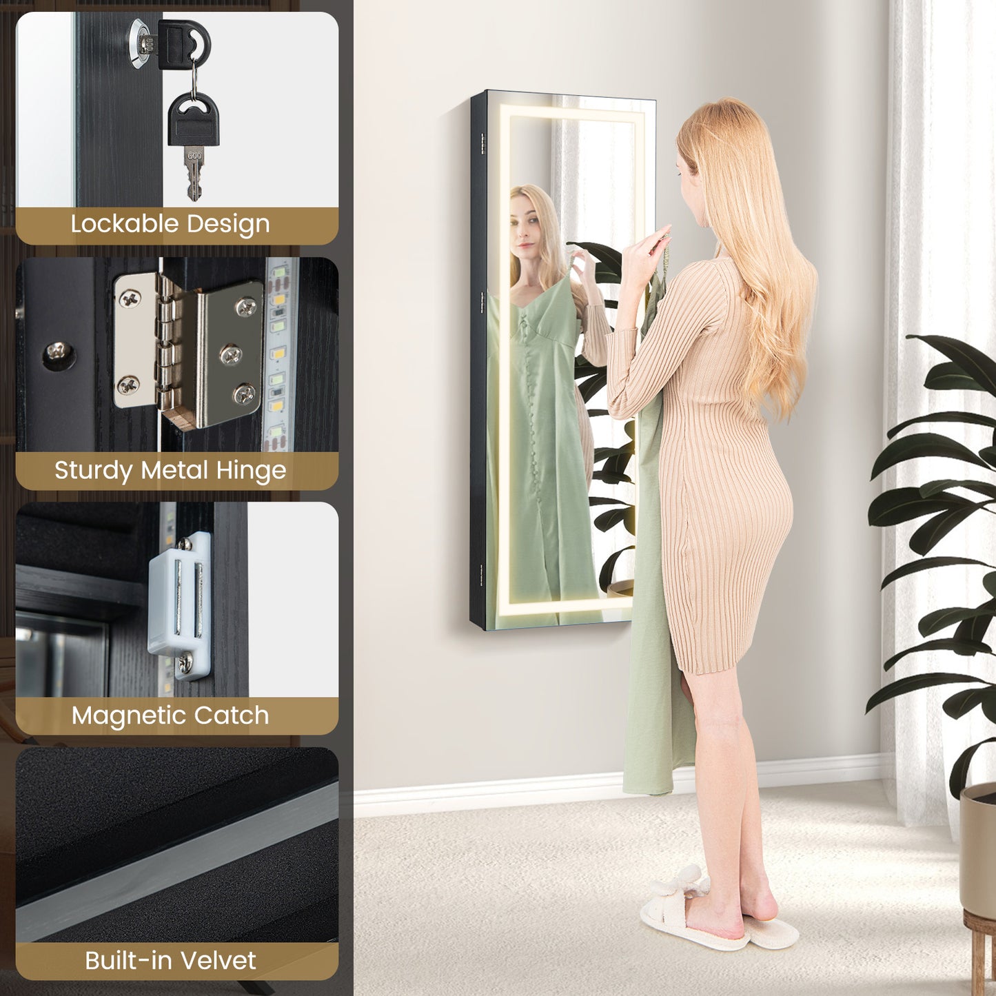 42.5 Inch Lockable Jewelry Wall Cabinet with Full-Length Mirror, 3-Color LED Lights – Black