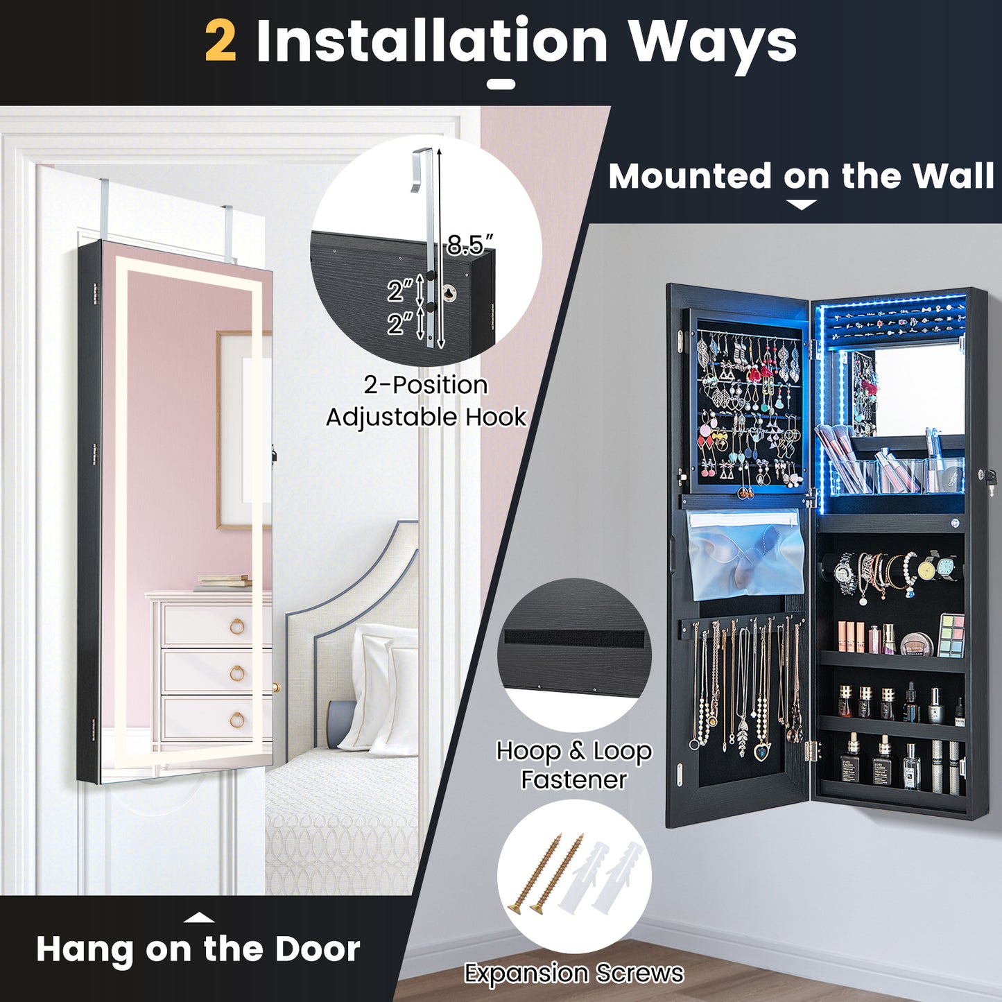 42.5 Inch Lockable Jewelry Wall Cabinet with Full-Length Mirror, 3-Color LED Lights – Black