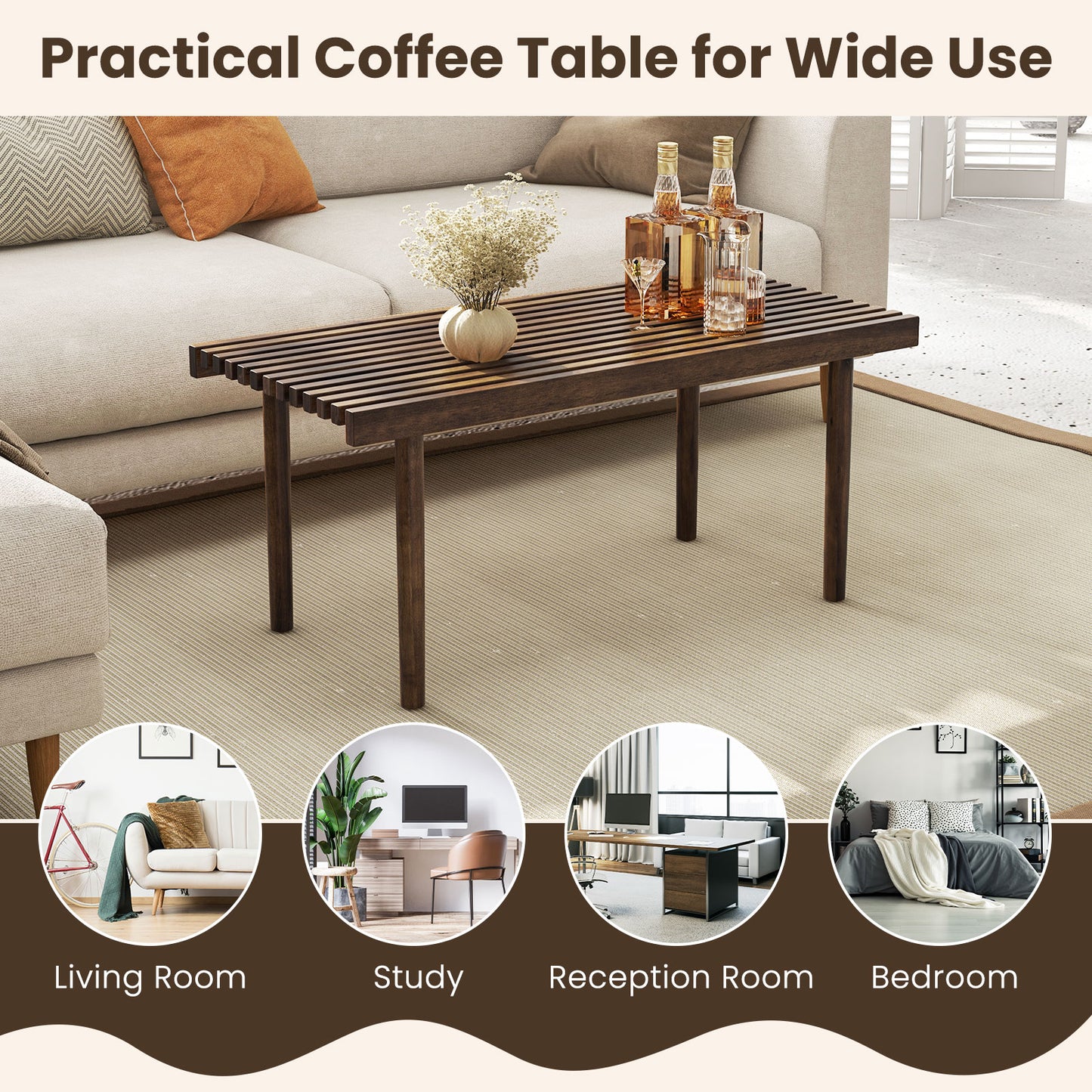 Rustic Slatted Wood Coffee Table for Living Room and Reception Area