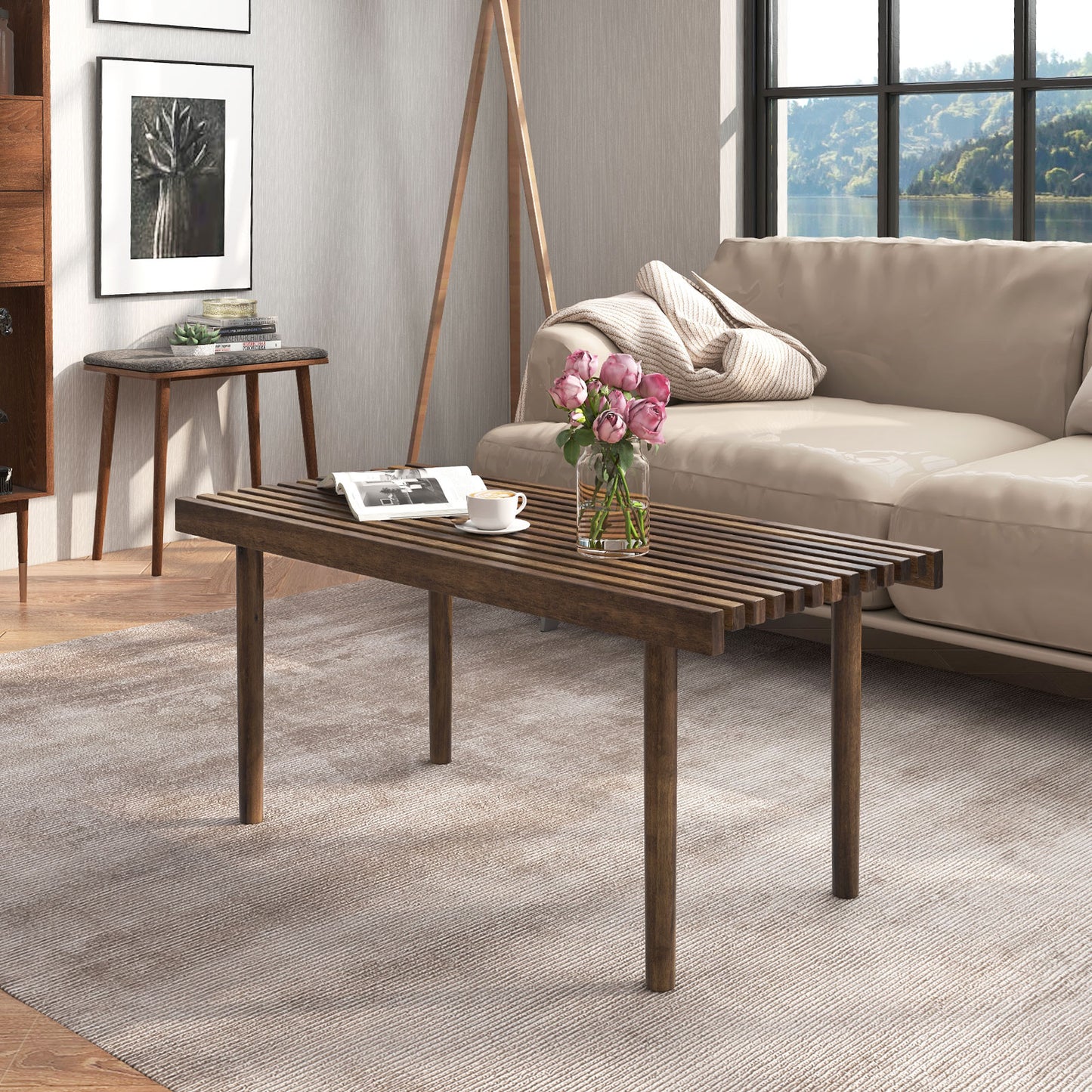 Rustic Slatted Wood Coffee Table for Living Room and Reception Area