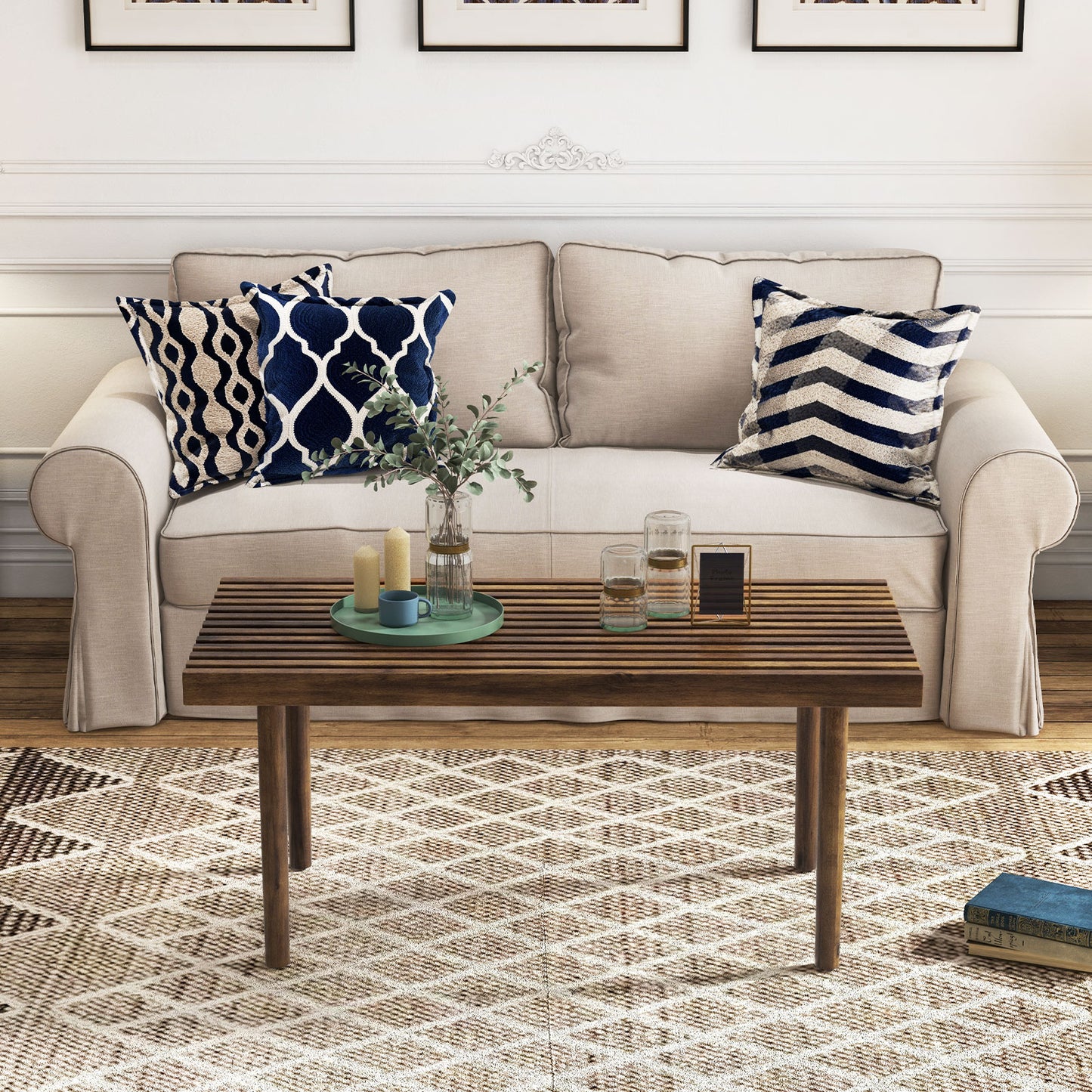 Rustic Slatted Wood Coffee Table for Living Room and Reception Area