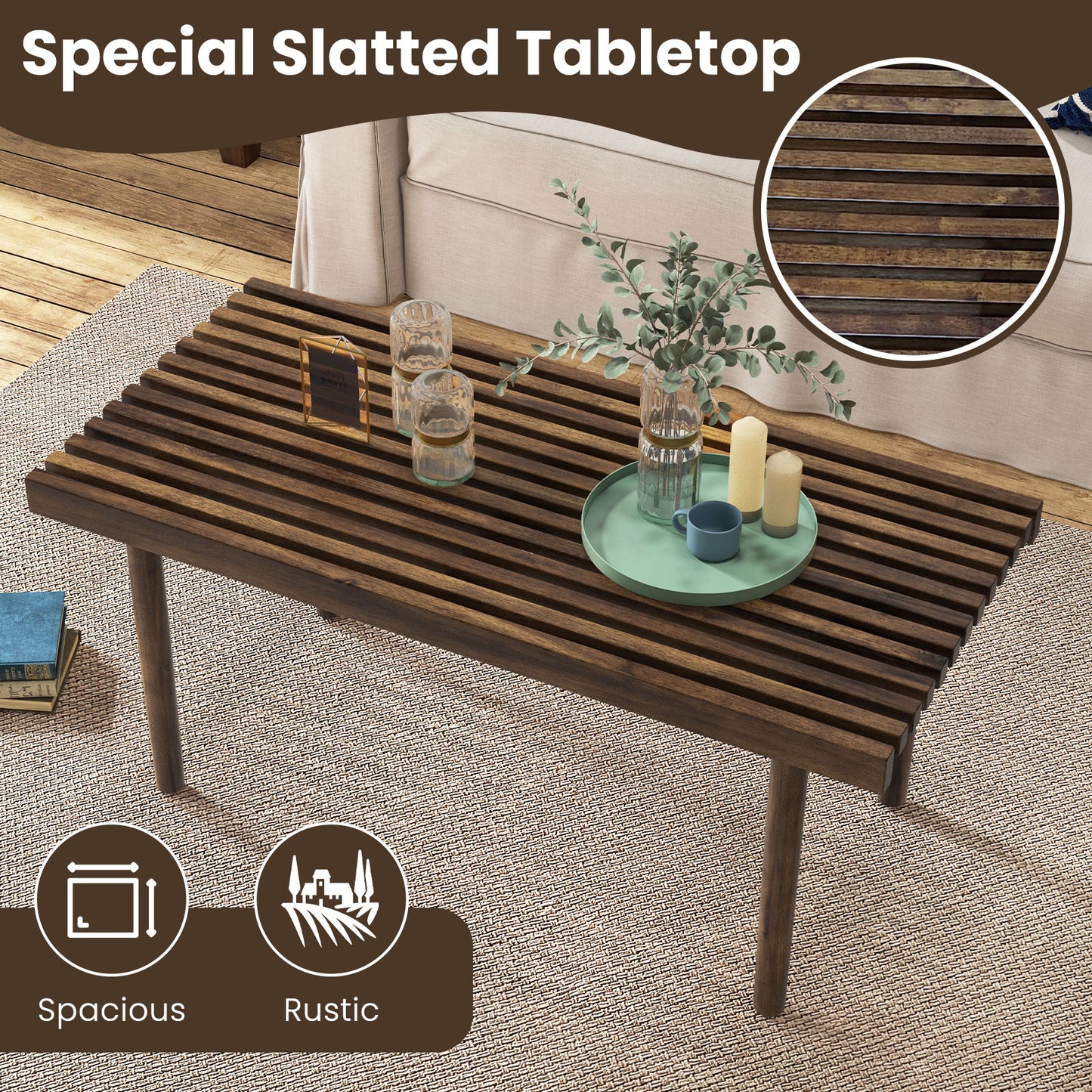 Rustic Slatted Wood Coffee Table for Living Room and Reception Area