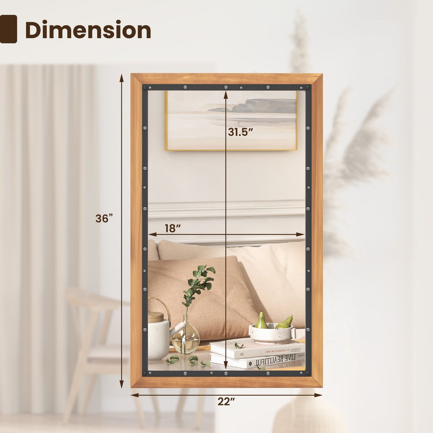 22 x 36 Inch Farmhouse Style Rectangular Wall Mirror with Sturdy Frame and Backboard