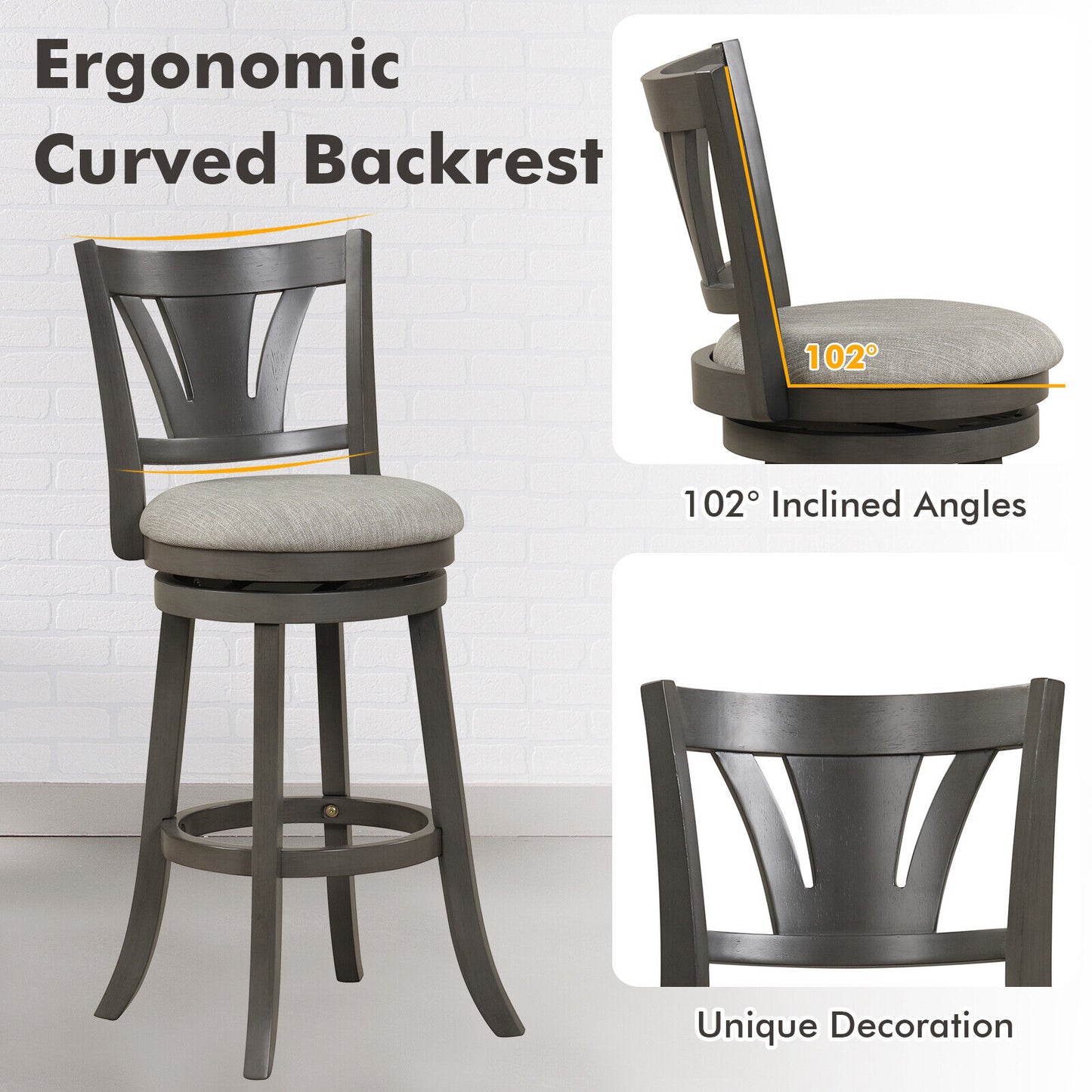360° Swivel Bar Stool with Soft Cushioned Seat Backrest and Footrest - 30.5 inch