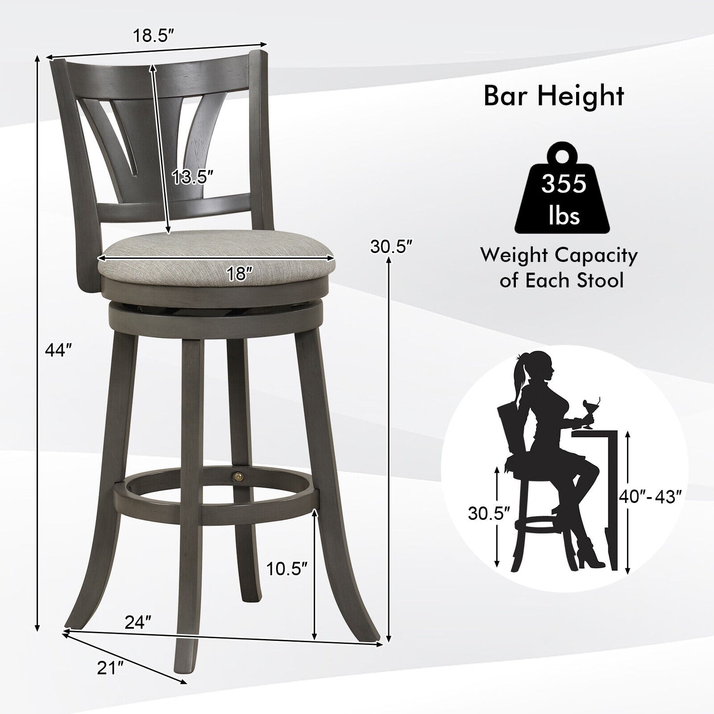 360° Swivel Bar Stool with Soft Cushioned Seat Backrest and Footrest - 30.5 inch
