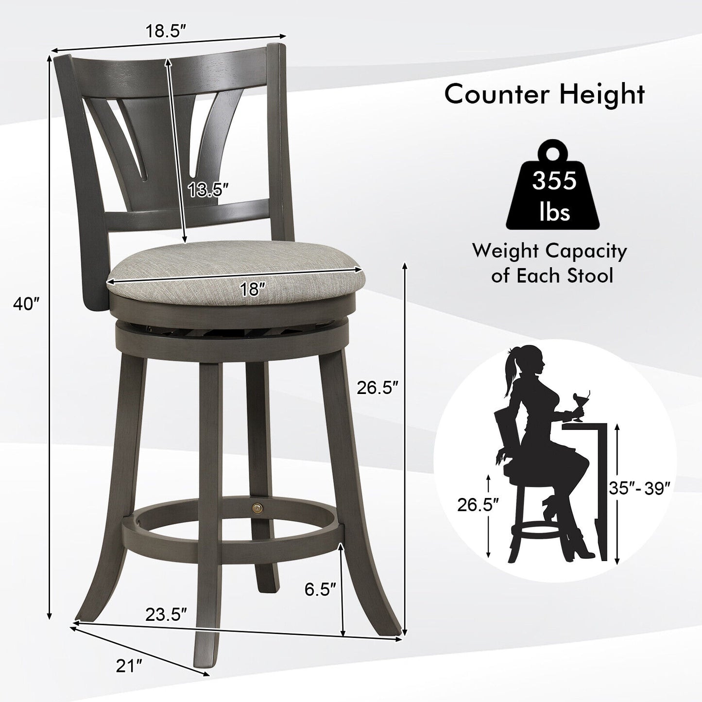 360° Swivel Bar Stool with Soft Cushioned Seat Backrest and Footrest - 26.5 Inch