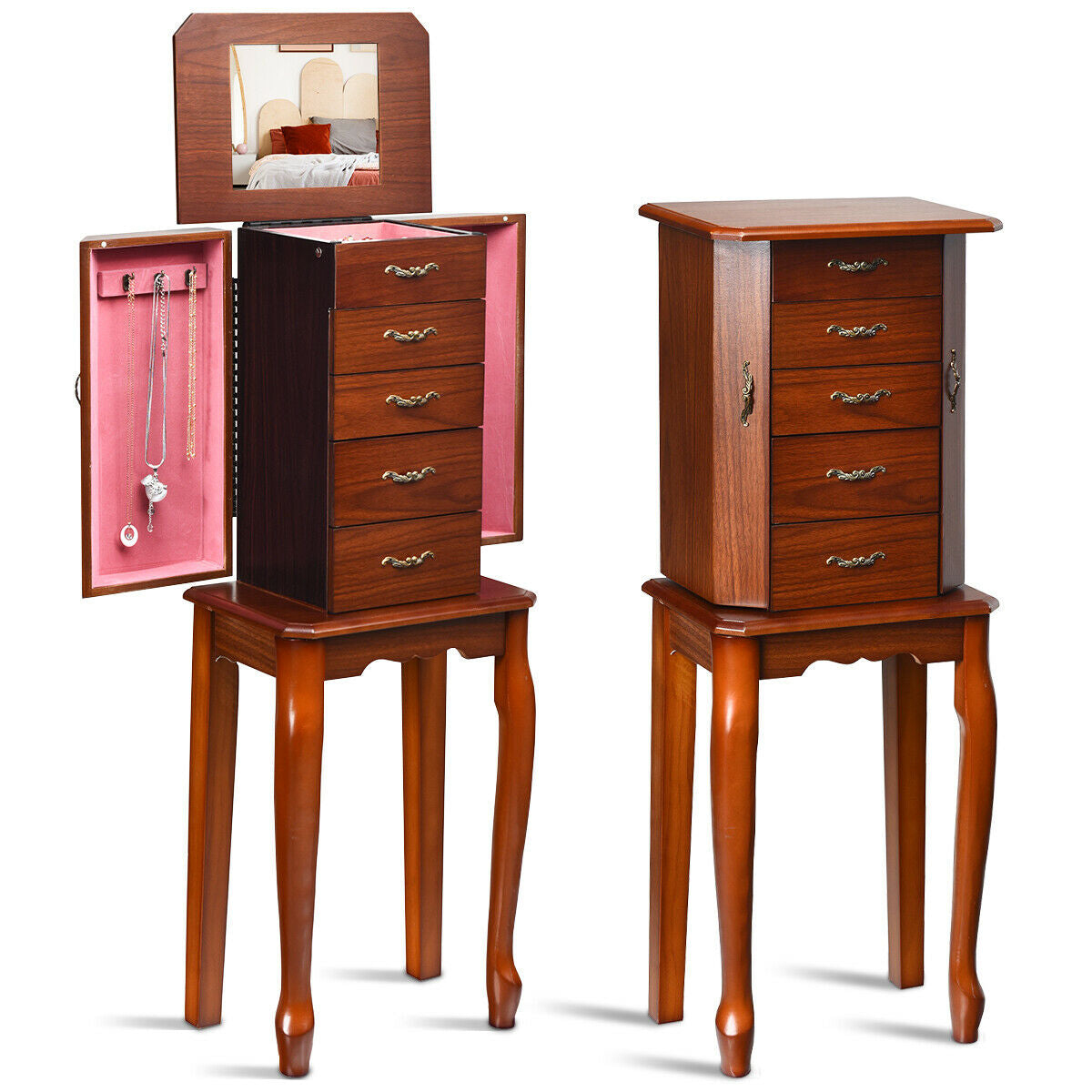 Elegant Wooden Jewelry Cabinet with Mirror and Multiple Drawers for Accessories