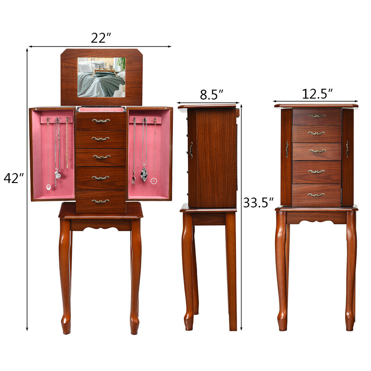 Elegant Wooden Jewelry Cabinet with Mirror and Multiple Drawers for Accessories