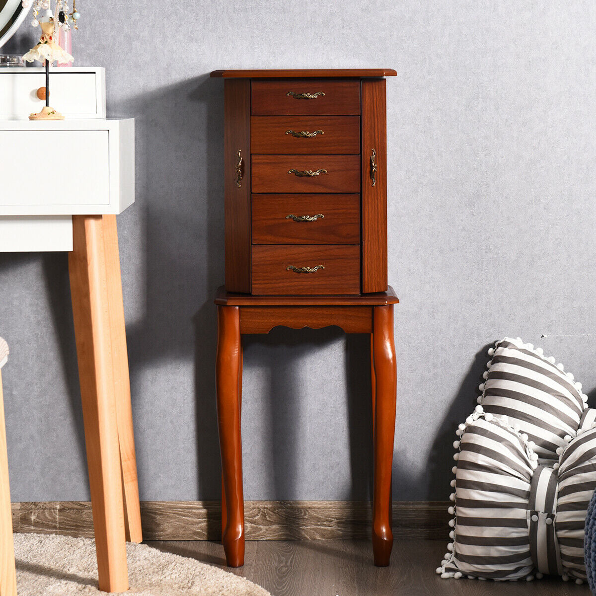 Elegant Wooden Jewelry Cabinet with Mirror and Multiple Drawers for Accessories