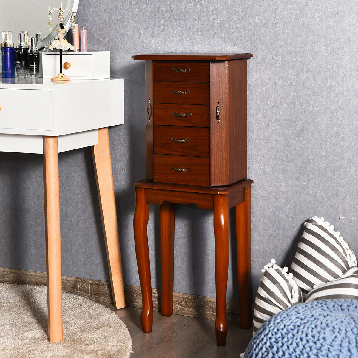 Elegant Wooden Jewelry Cabinet with Mirror and Multiple Drawers for Accessories