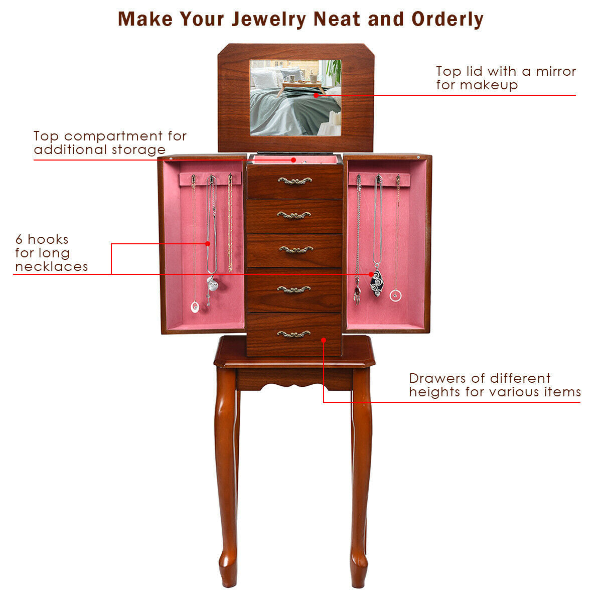 Elegant Wooden Jewelry Cabinet with Mirror and Multiple Drawers for Accessories