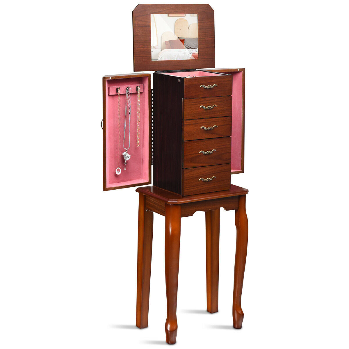 Elegant Wooden Jewelry Cabinet with Mirror and Multiple Drawers for Accessories