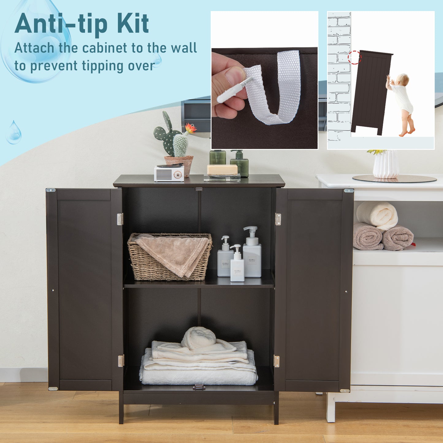 Modern Bathroom Floor Storage Cabinet with Double Doors & Adjustable Shelves